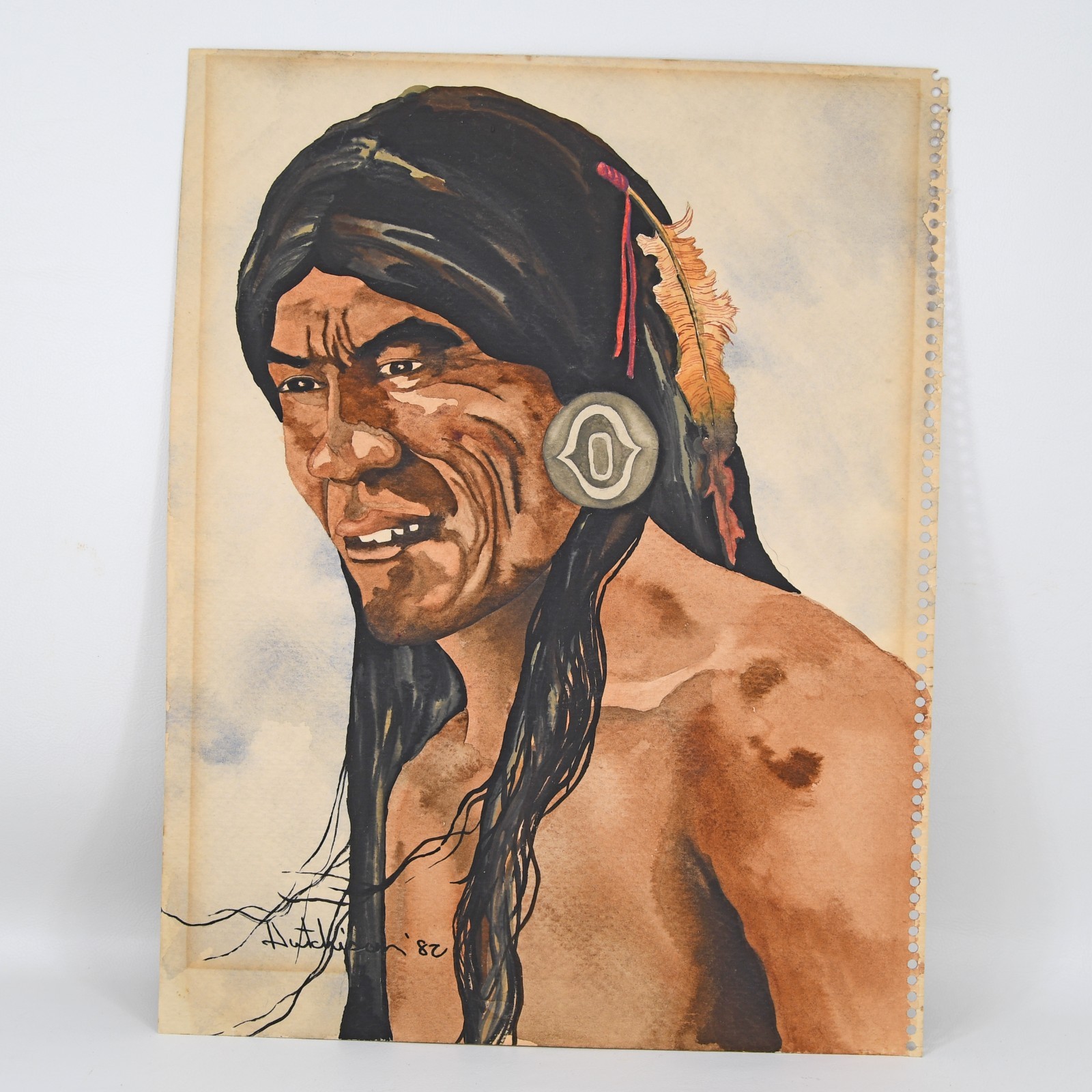 Vintage Original Portrait Painting Native American Indian Watercolor Sketchbook