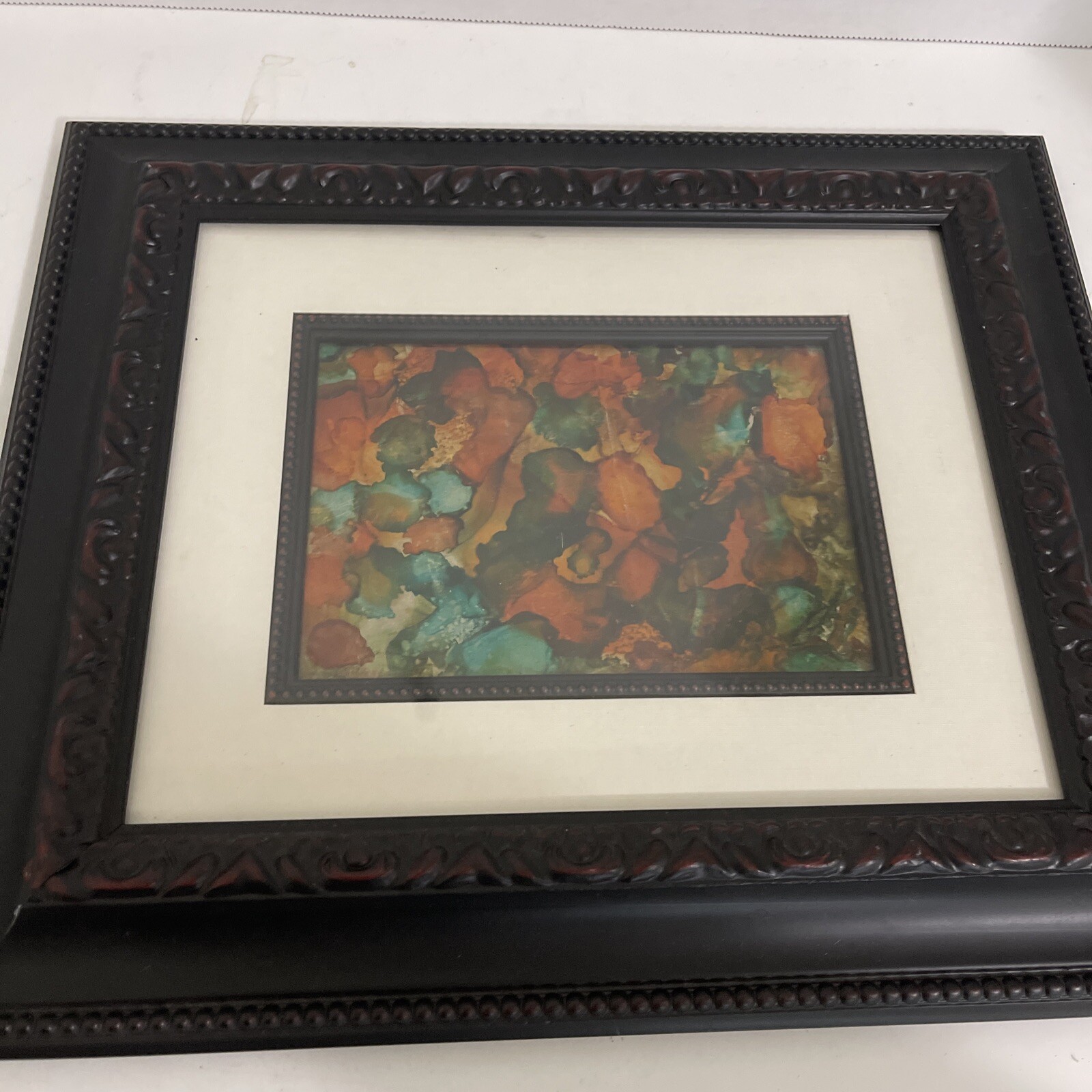 Abstract Reverse-Painted Glass Painting Liquid Pour Framed Art 12×14”