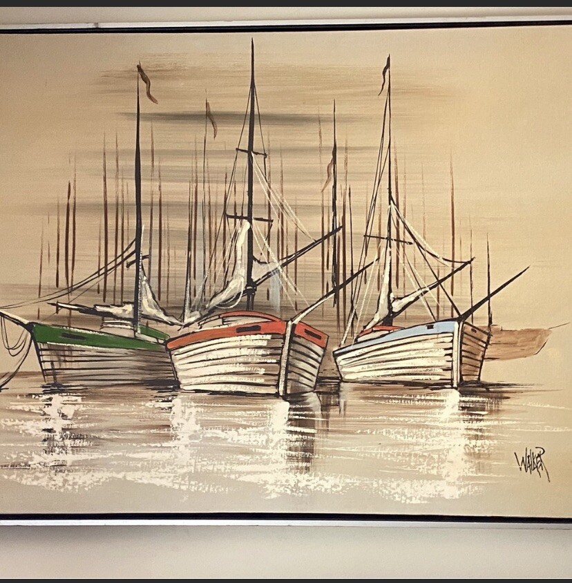 fishing boats signed by walker oil painting on canvas dimensions :41 x 2 x 31”