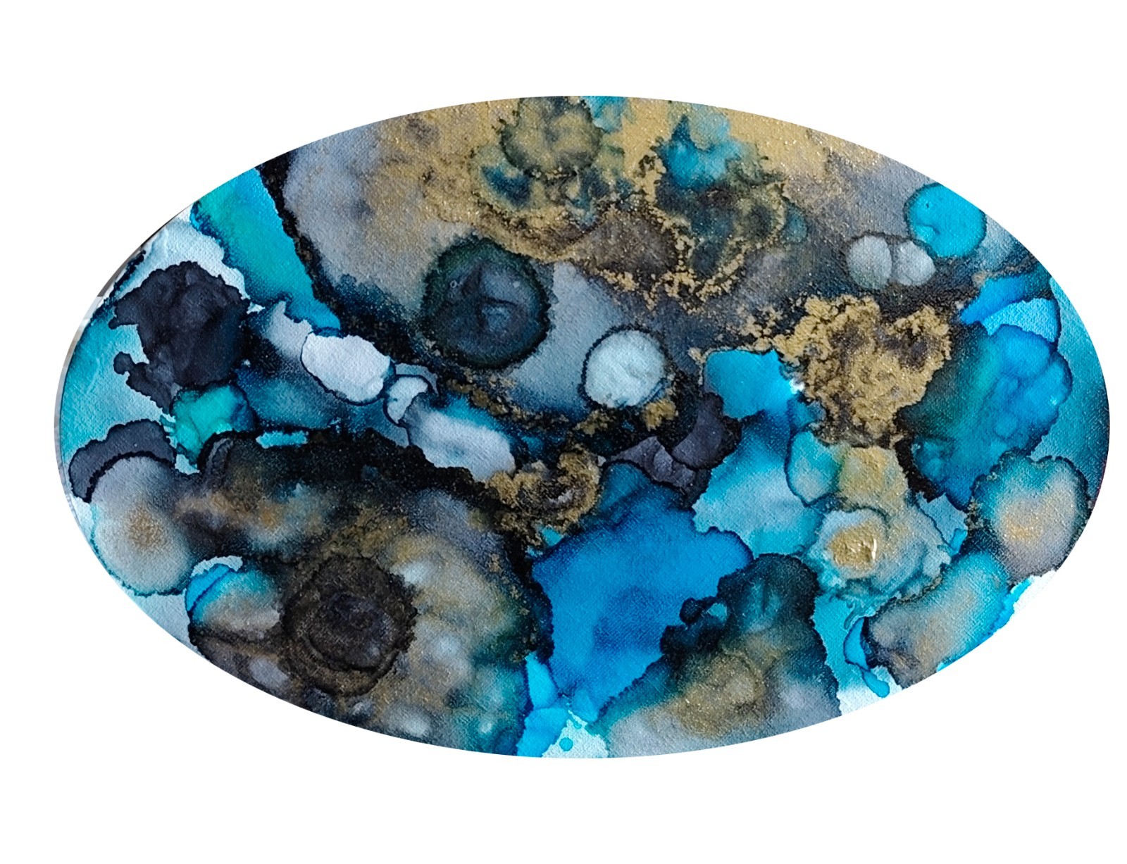 acrylic painting on oval panel original handmade art with blue and gold spots