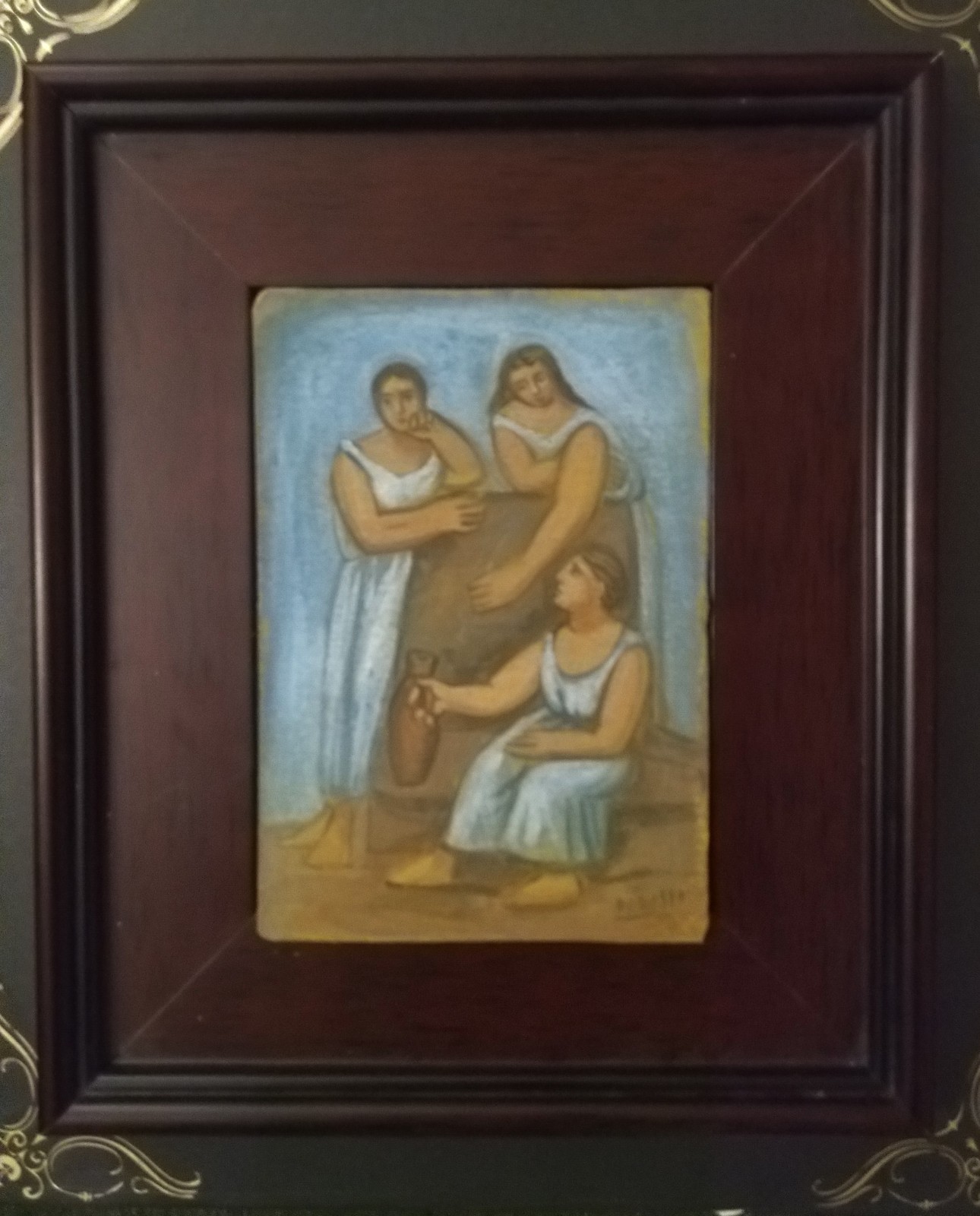 Three Women at the Spring Picasso Expressionism Style Painting on Cardboard