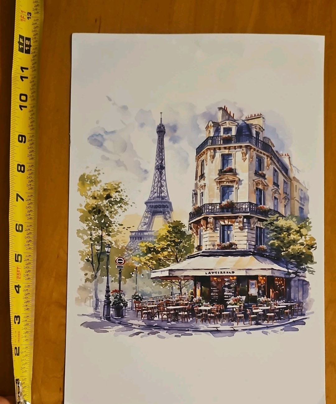 9.5 x 12.5 Watercolor Parisian cafe w/ Eiffel Tower in background, Matte paper