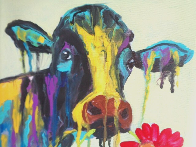 Original COLORFUL ABSTRACT COUNTRY FARM COW Painting On CANVAS