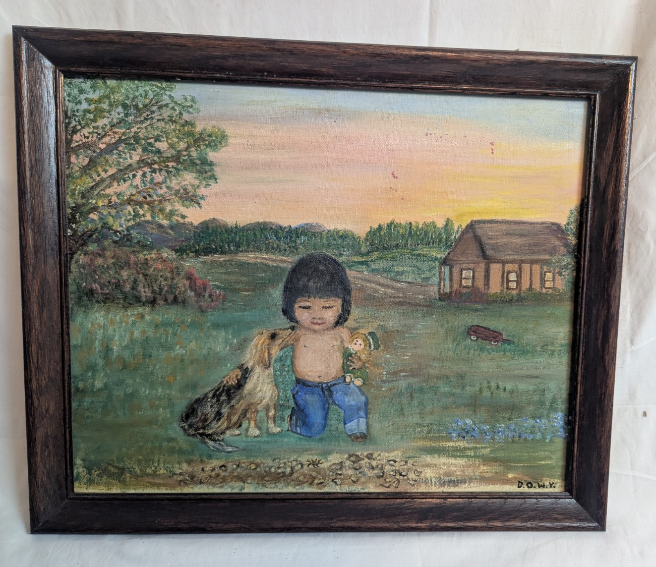 Vintage Folk Art Oil Painting Cherokee Child Bell Oklahoma D.O.W.Y. 1985 #16