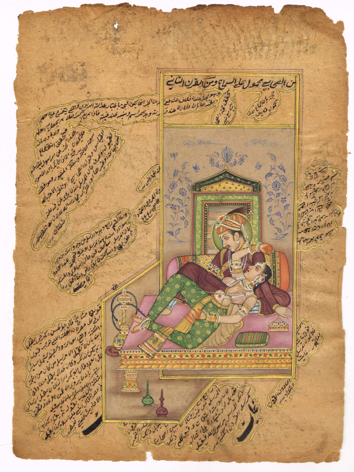 Mogul Painting Of Emperor Akbar & Queen Jodha Bai Love Scene Art 6.5×9.5 Inches