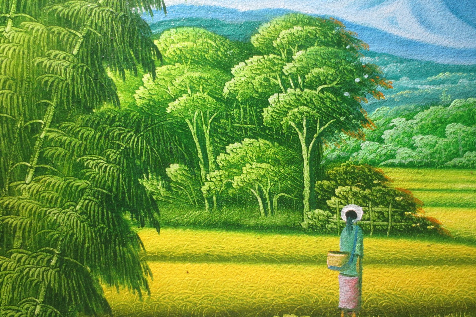 LOWEST PRICE! LARGE SIZE «BALI FOLK ART» PAINTING on CANVAS, WOOD FRAME 33″x25″