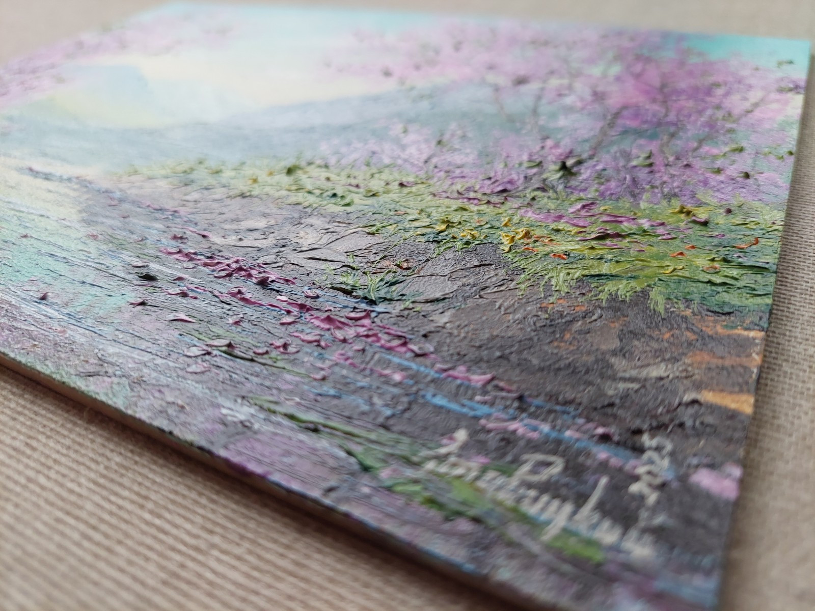 Spring Sakura Mountain Landscape Original Oil Painting. Pink Cherry Tree Art