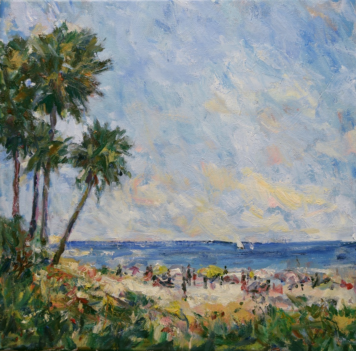 Art Orig. Signed Oil Painting by RM Mortensen «Island Beach» Coast Palm Trees