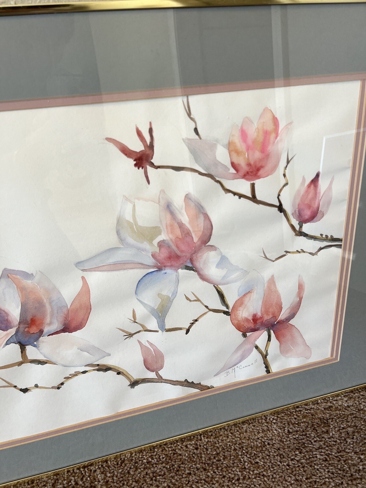 Vintage original watercolor painting signed framed Pink Magnolia Flowers