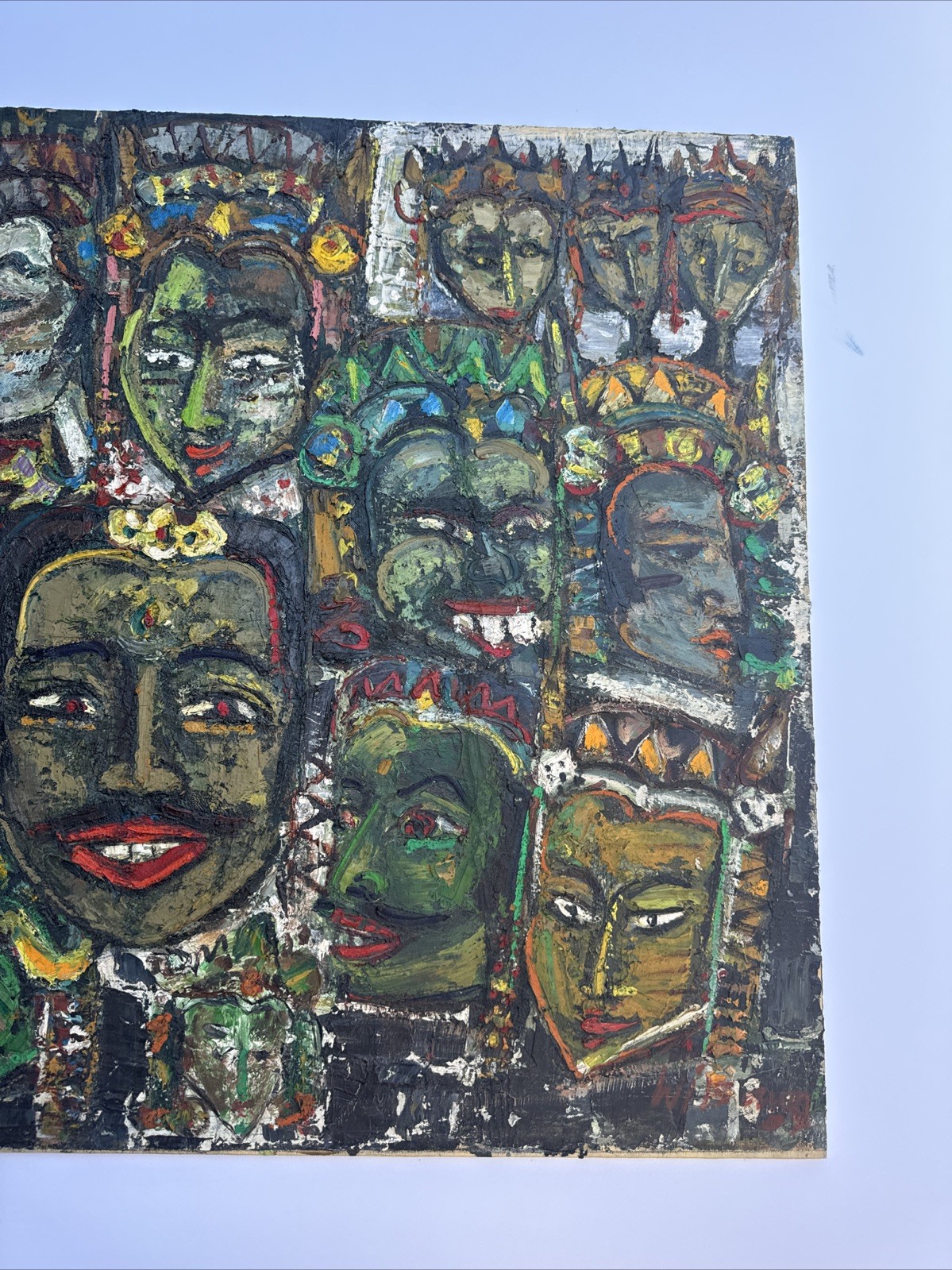 MID CENTURY PAINTING PORTRAIT ABSTRACT MODERNIST FACES HEADS ASIA INDIA MYSTERY