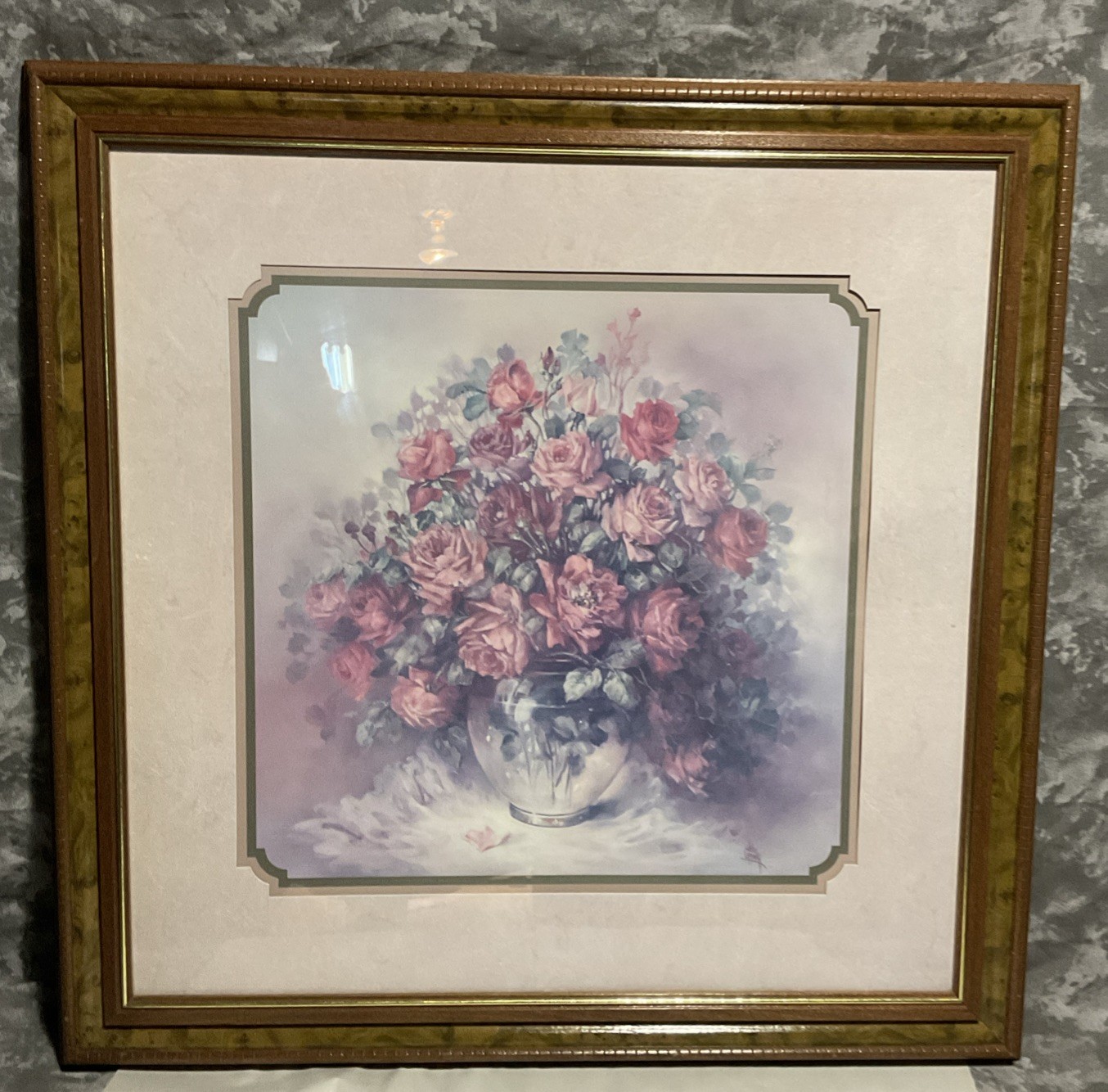 Vintage Julia Crainer Pink roses In Vase print signed frame brown 27.5” X 27.5”