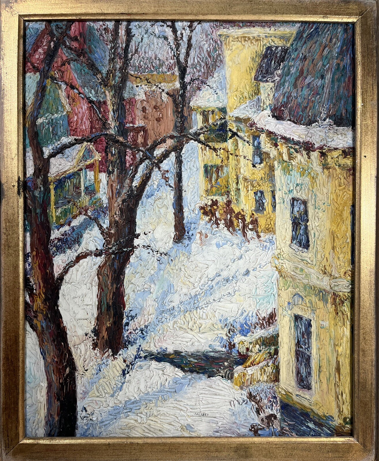 ORIGINAL TEXTURED AMERICAN TOWN ANTIQUE WINTER SNOW VINTAGE LANDSCAPE PAINTING