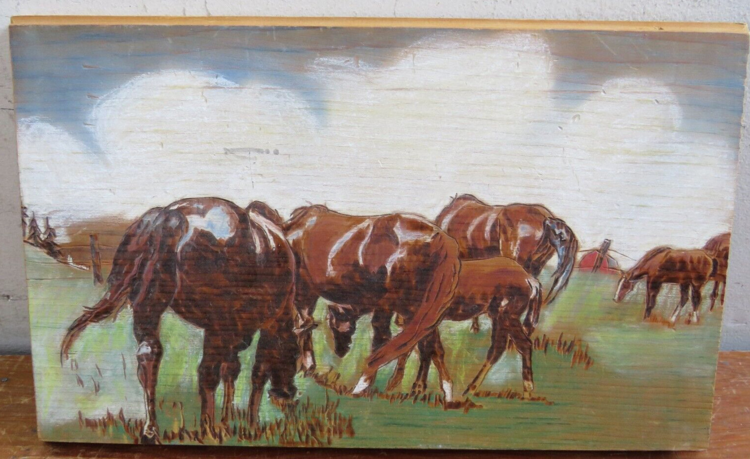 Vintage Horse Medow Wood Painting/Burning/Carving Rollins 13×8 Wall Art