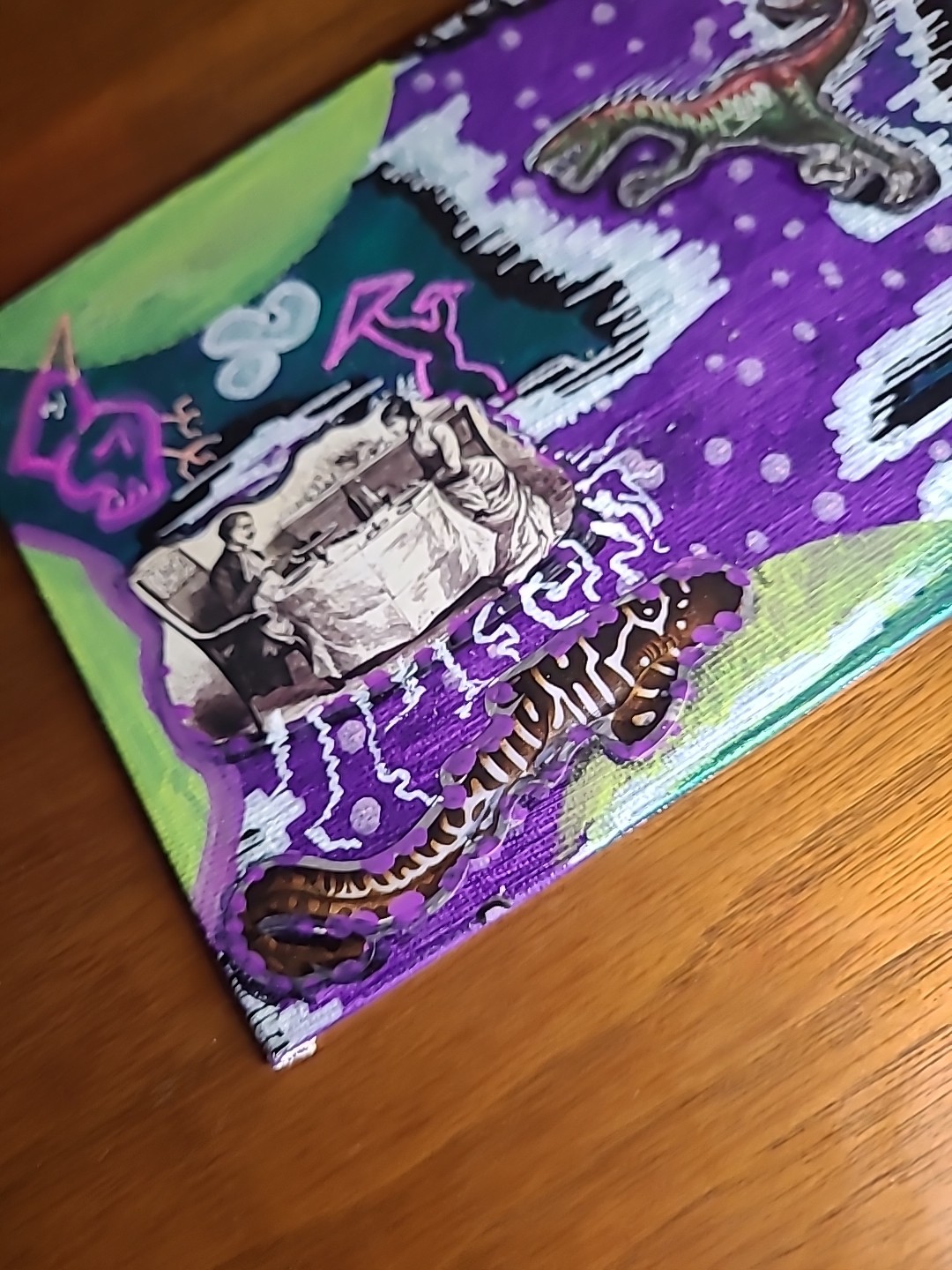 Original Painting Bad Dinner Trip Mushrooms Dinosaur Eat Food Eels Cartoon Birds