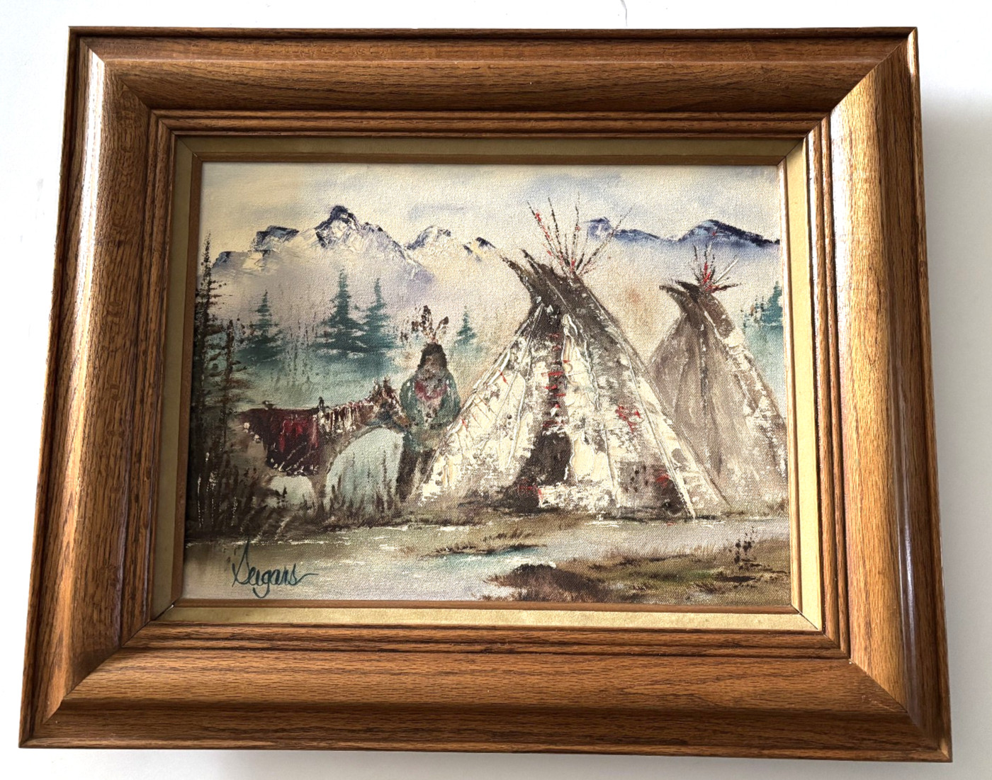 Native American Indian Teepee Oil Painting Snow Scene Signed