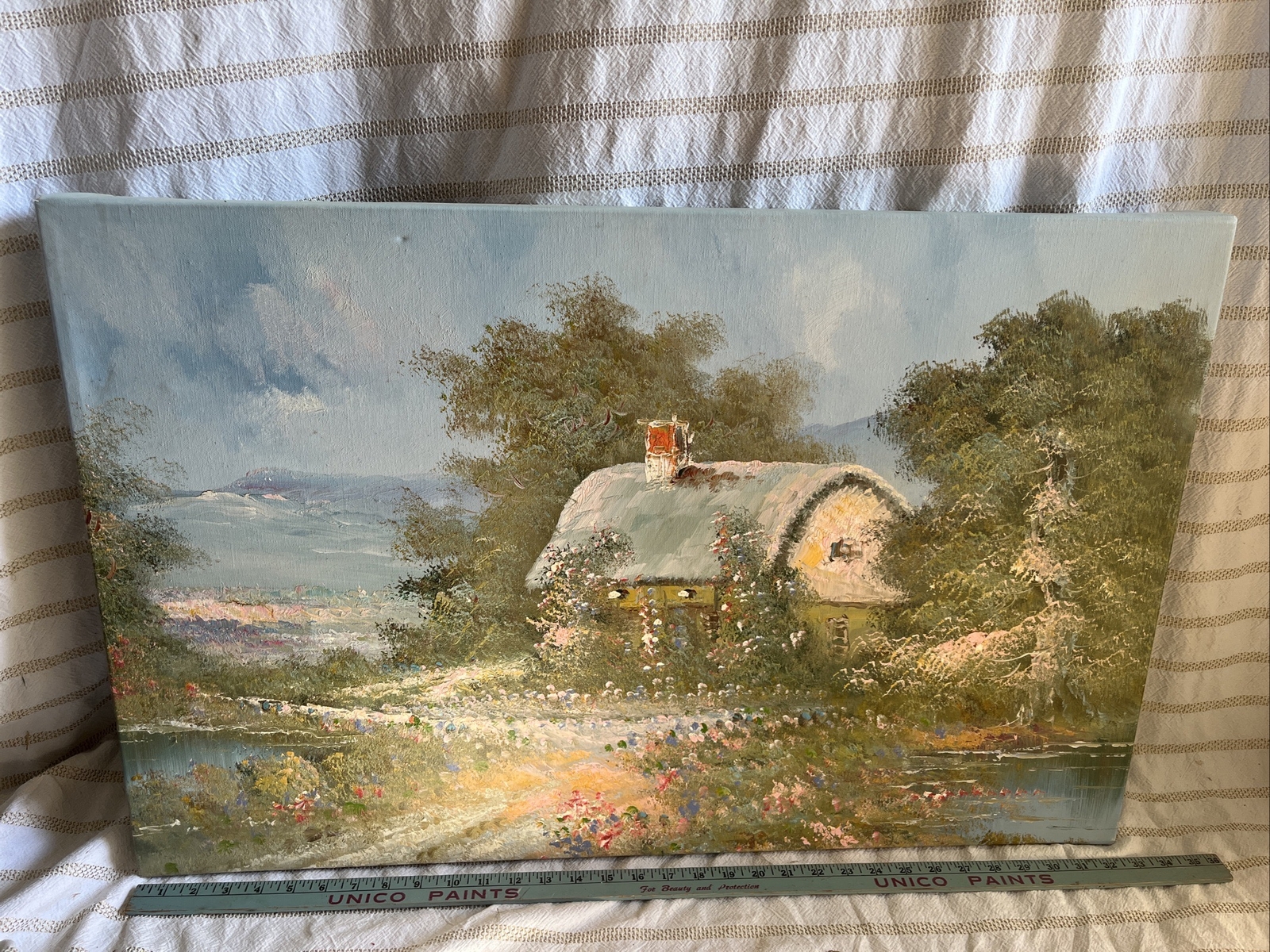 Large Oil Painting English Cottage Landscape Flowers Canvas Picture Wall Art VTG