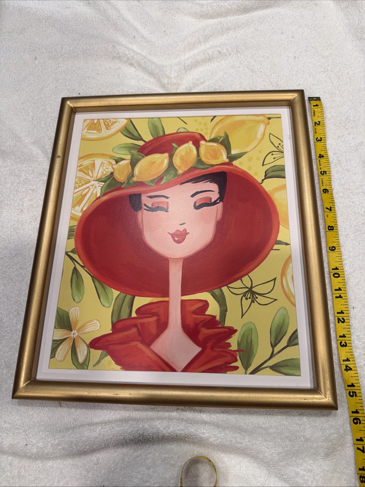 Jacque Pierro Lemon Lady Portrait in Gold Frame Bright Yellow Background 16″ H