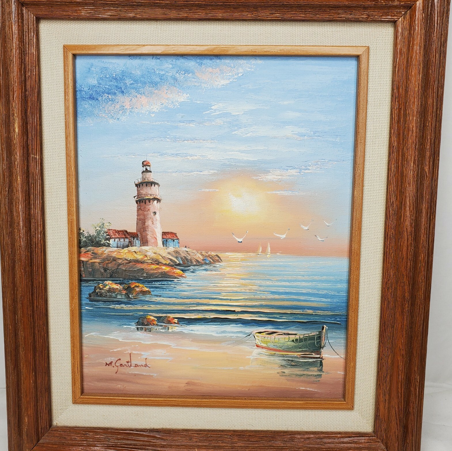 Lighthouse Seascape Oil Painting Sunset Boat Signed M Gartland Beach House Decor