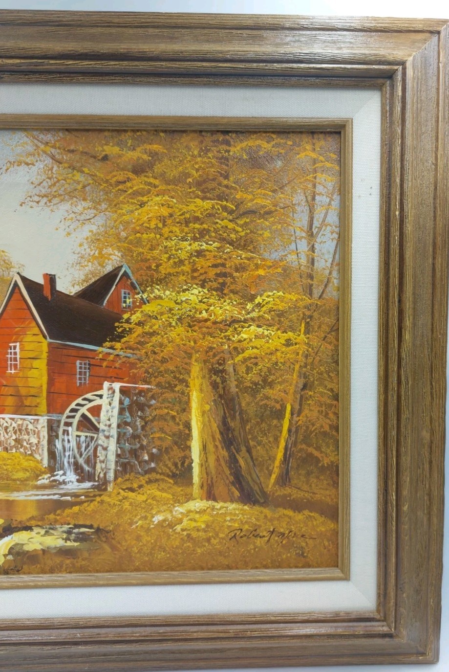 Vintage MCM Original Robert Moore Oil Painting of Old Mill in Autumn – Framed
