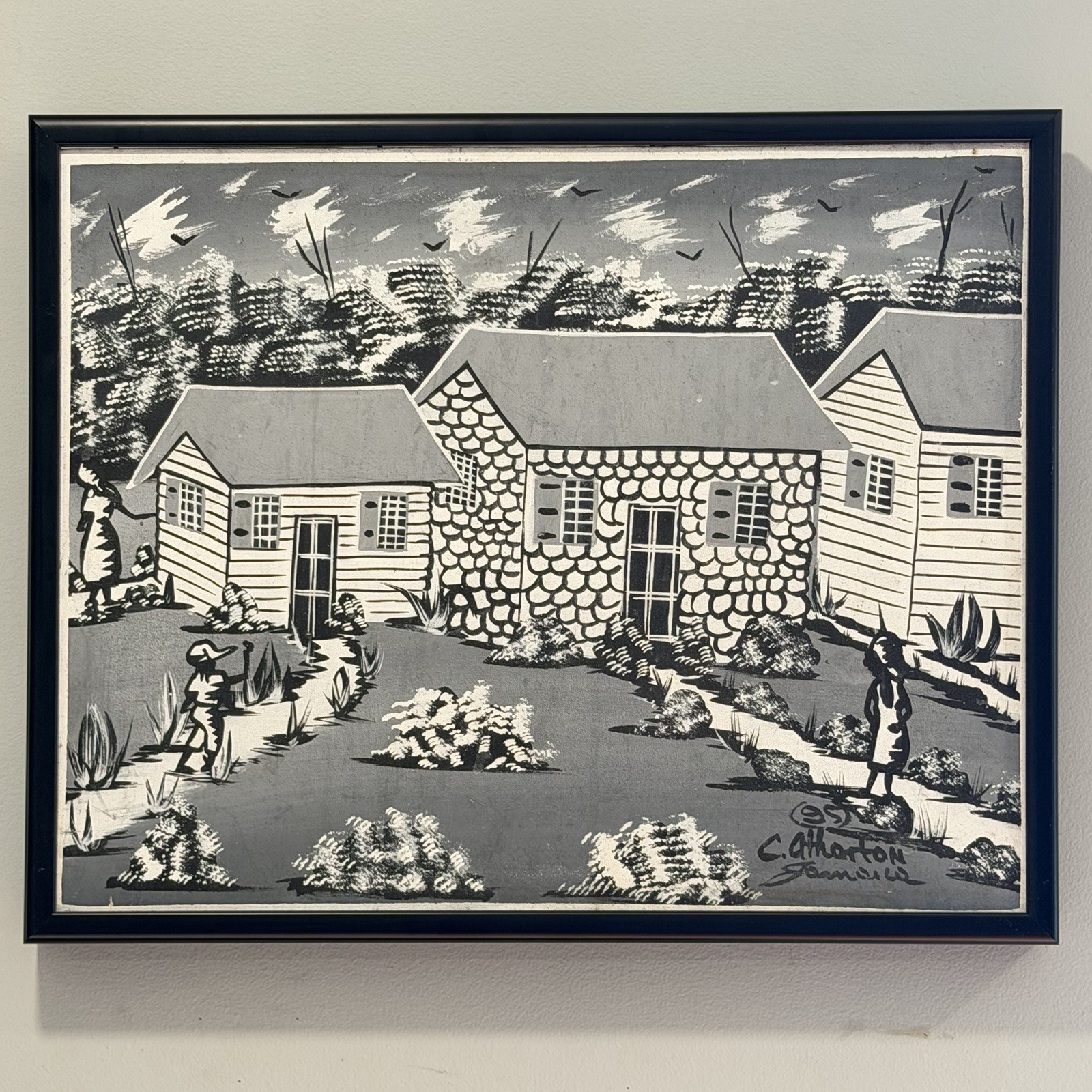 Signed C Atherton Folk Art Canvas Painting Village Scene Framed 21×17