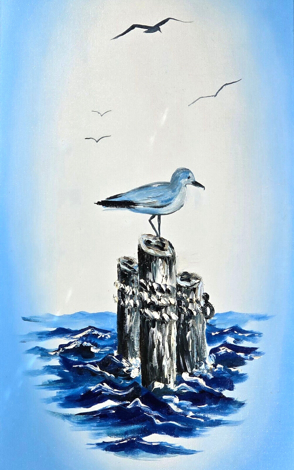 Diptych Set of 2 Oil Paintings on Canvas, Sea Gulls, Ocean, Beach, Blue VTG 1970