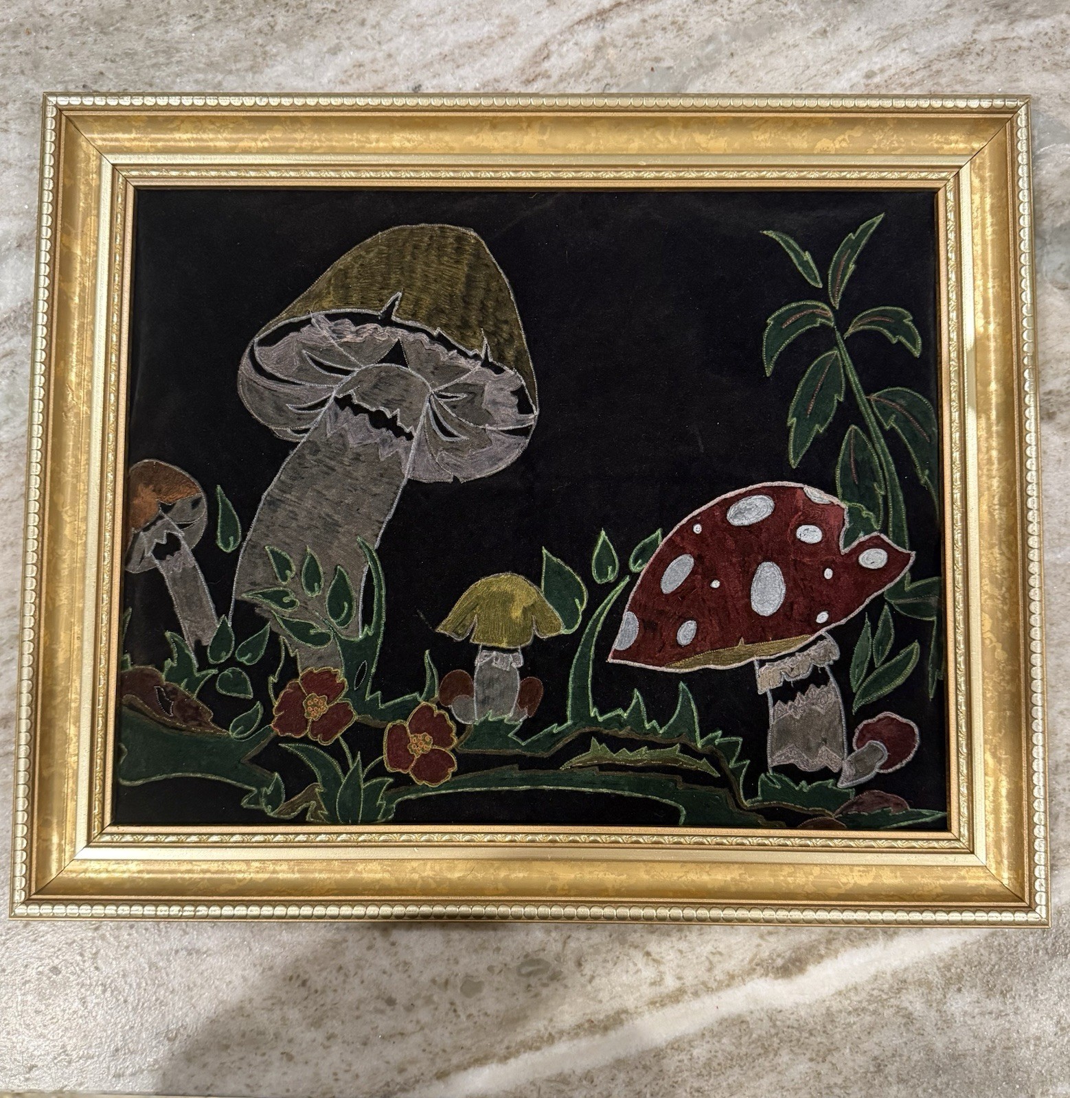 Vintage Mushroom Velvet Painting Framed Gold Ornate Frame Retro 70s Wall Art