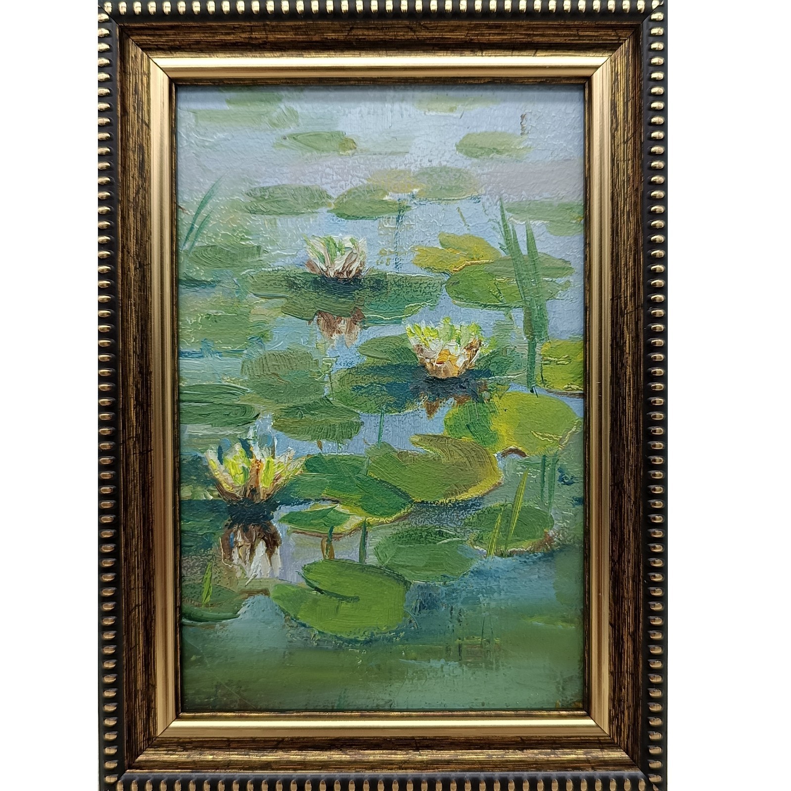 Water Lilies Original Oil Painting 6×4 Framed Signed Lotus Lake Landscape Art