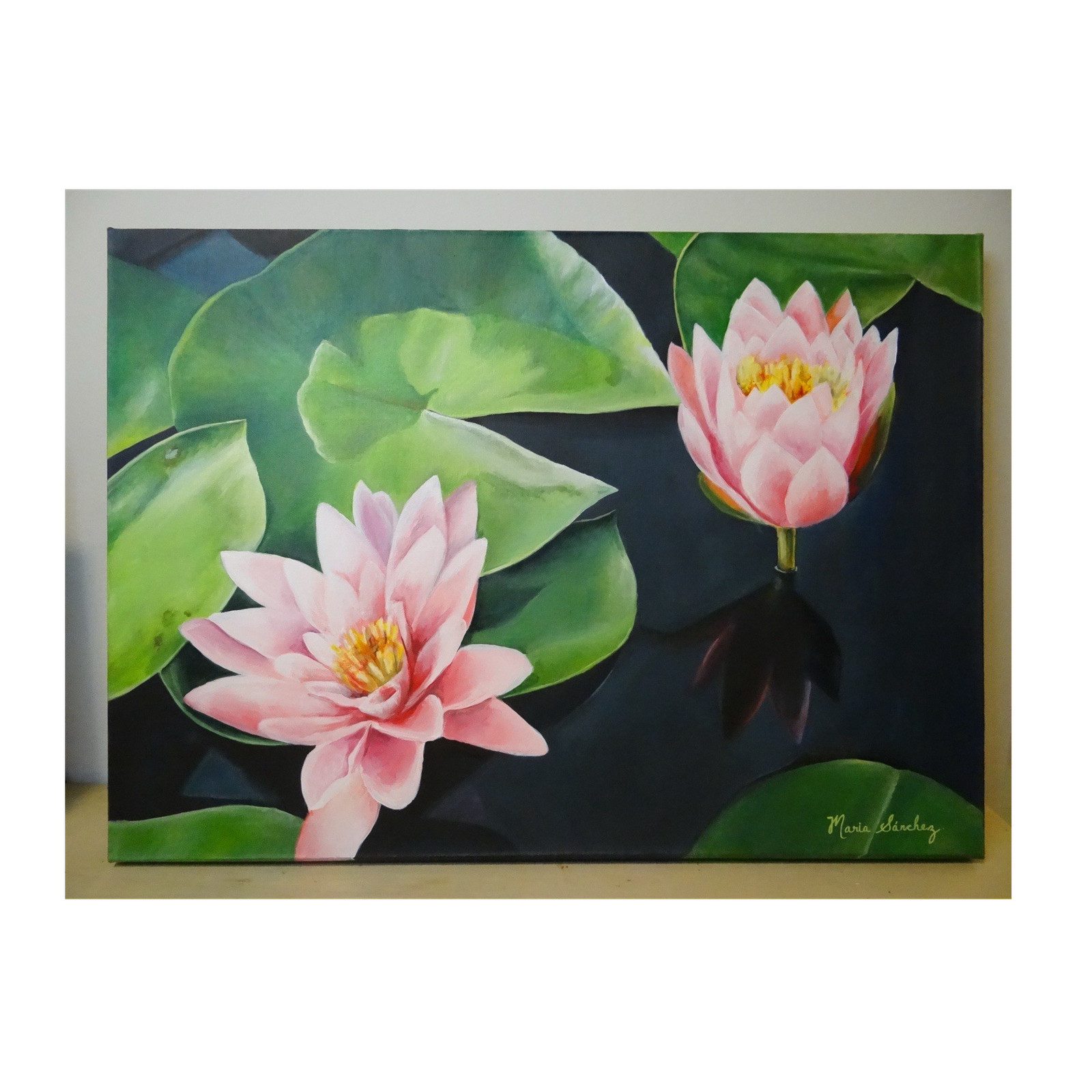 Maria Sanchez Signed Realism Painting Pink Water Lilies Canvas, Medium, 20”x28