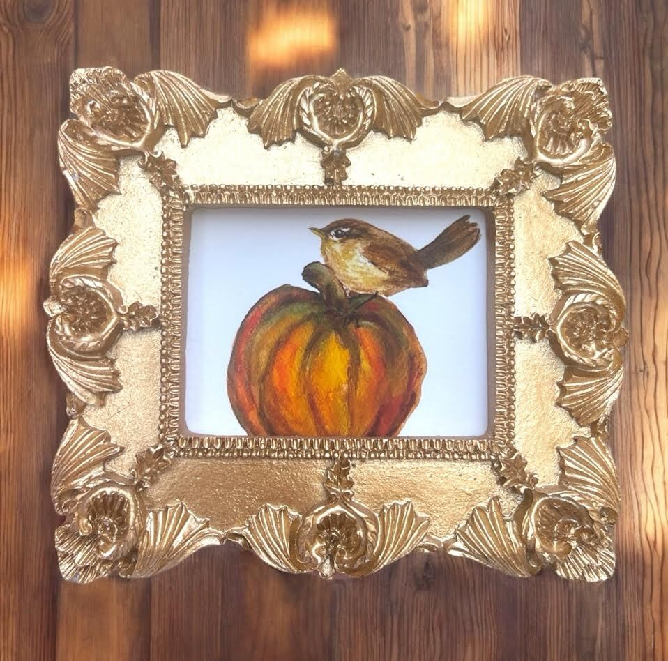 mini paintings & prints of birds & animals, vintage style ornate frame, mini art