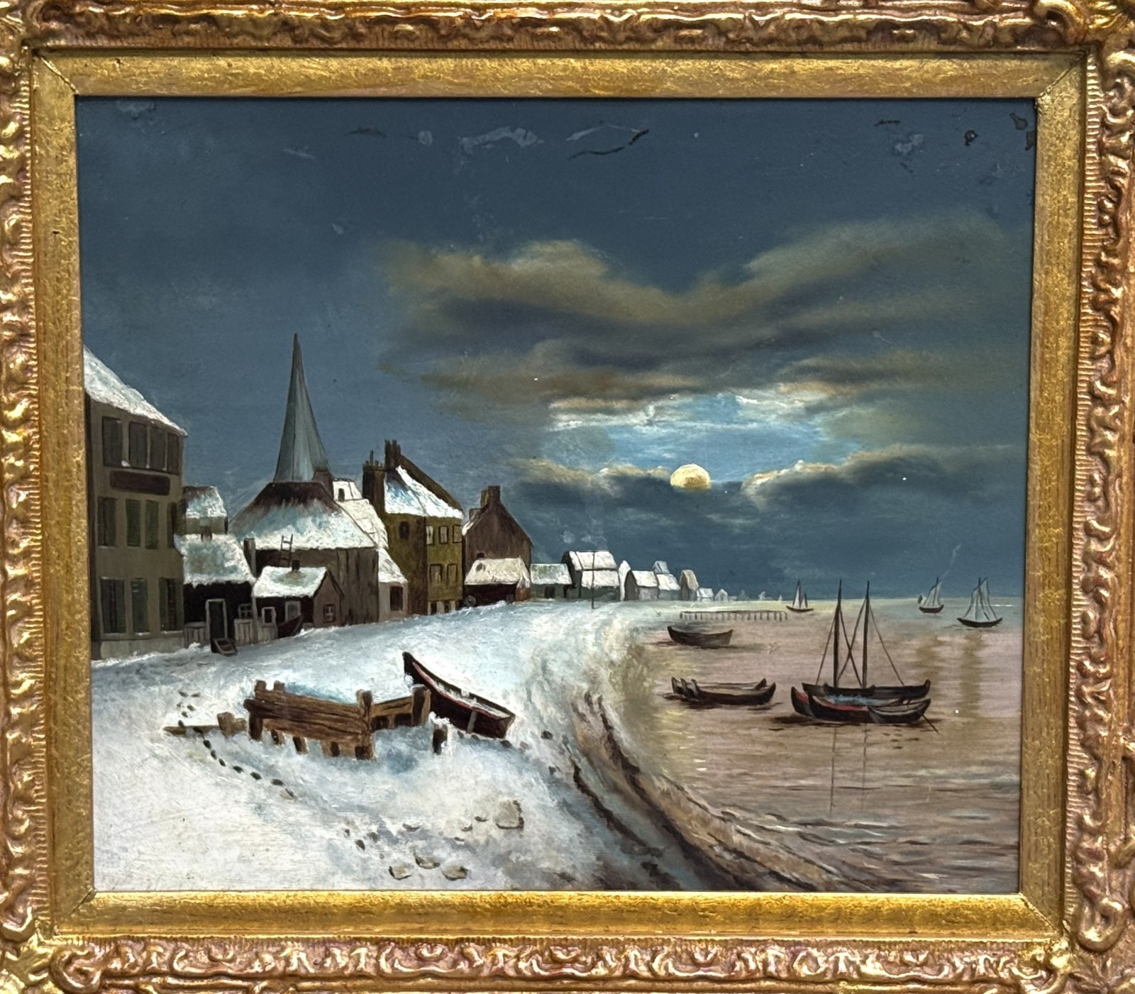RARE VTG 20th C Dramatic Luminist Oil/Panel Hudson Valley Winter Scene, Framed!