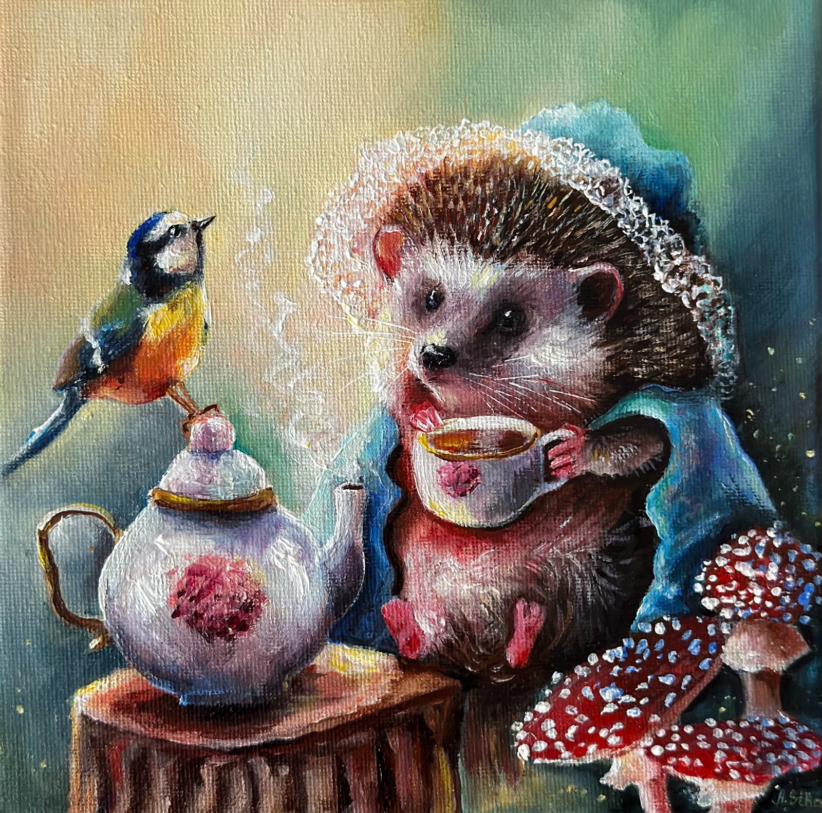 Original Hedgehog canvas painting, Whimsical woodland wall art, Fairy painting