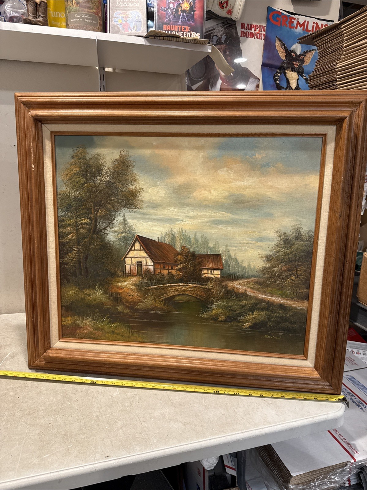 Large 32×28” Framed Real Signed Oil Painting Woods Bridge River House Farm Cabin