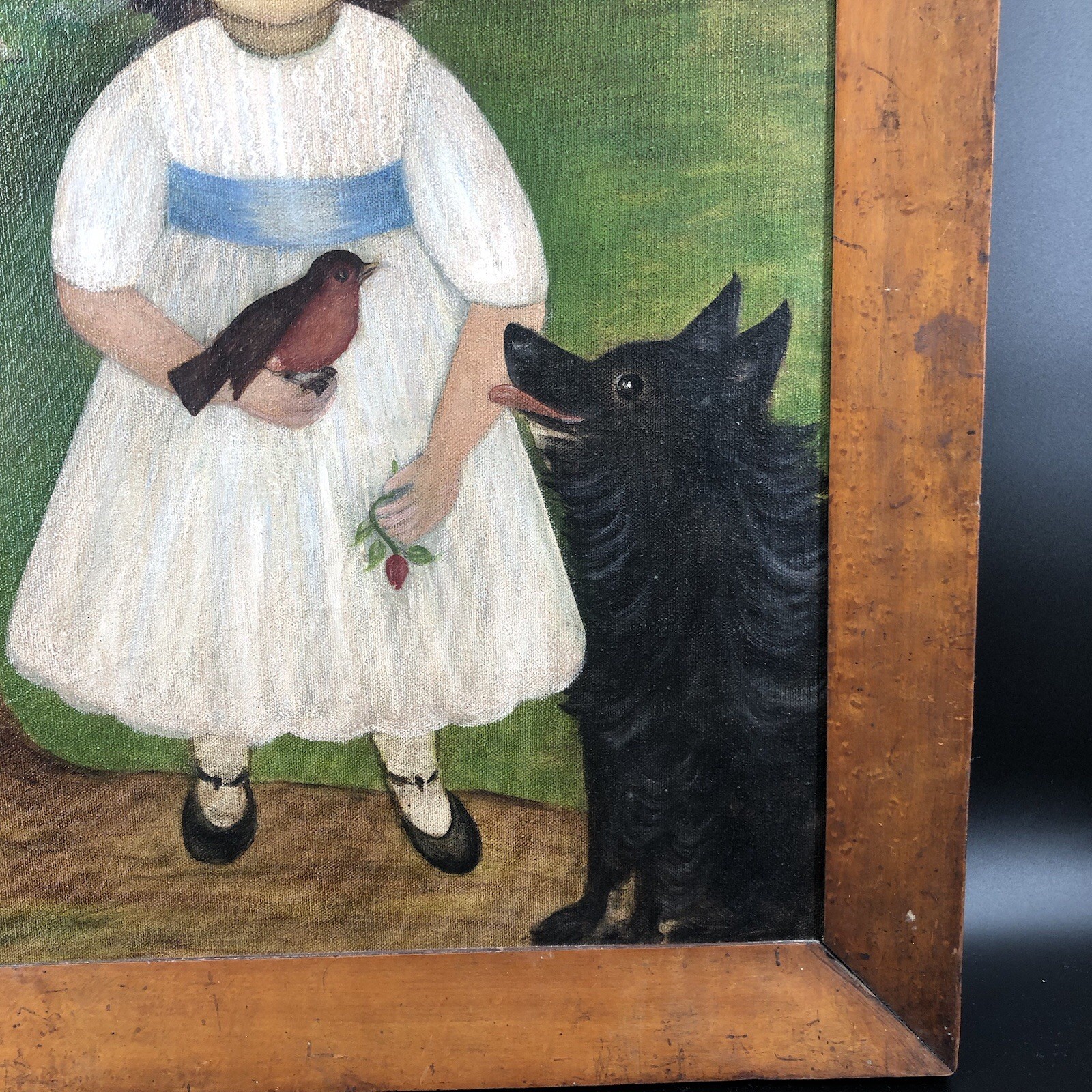 ‘Sarah’ 1980 Original Framed, Signed, Dated Girl /Bird/Dog Folk Art 25 X 20