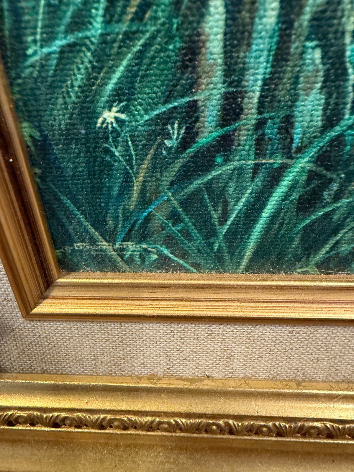 FRAMED DOUBLE MATTED BAROQUE GOLD 3 TIER OF EGRETTE IN POND SIGNED?