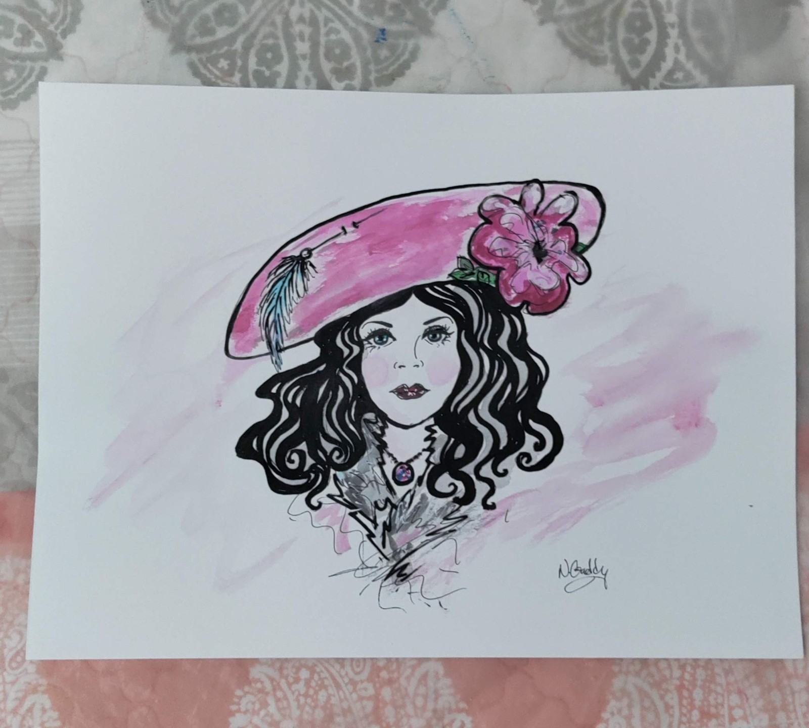 Original 9″x 12″ Abstract Expressive Girl In Pink Hat Acrylic Ink On PAPER Art