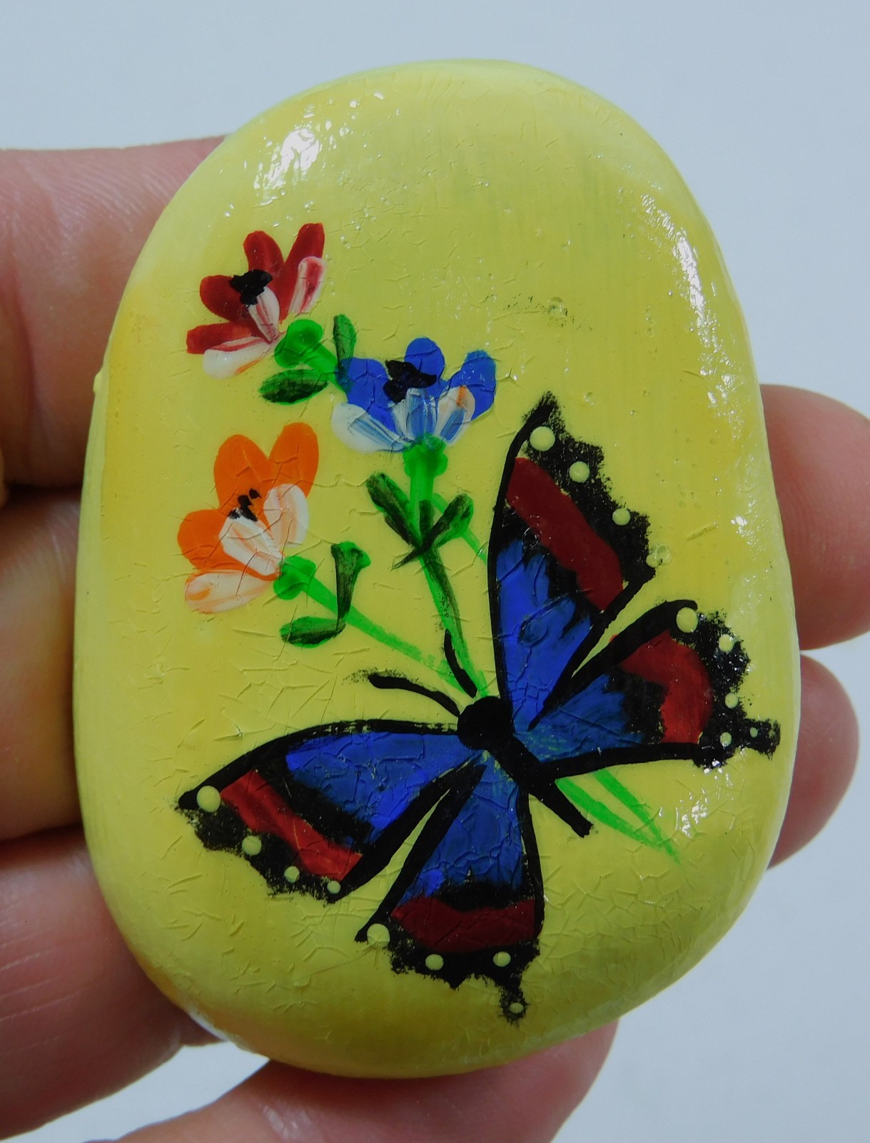 Flowers & Butterfly Hand painted rock Stone art Yellow