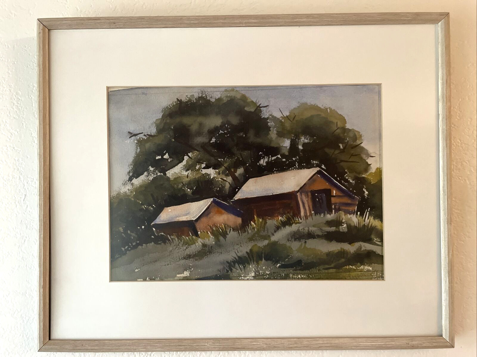 Vintage Original Barn Landscape Watercolor Wood Frame Joanne Adams 21×17″
