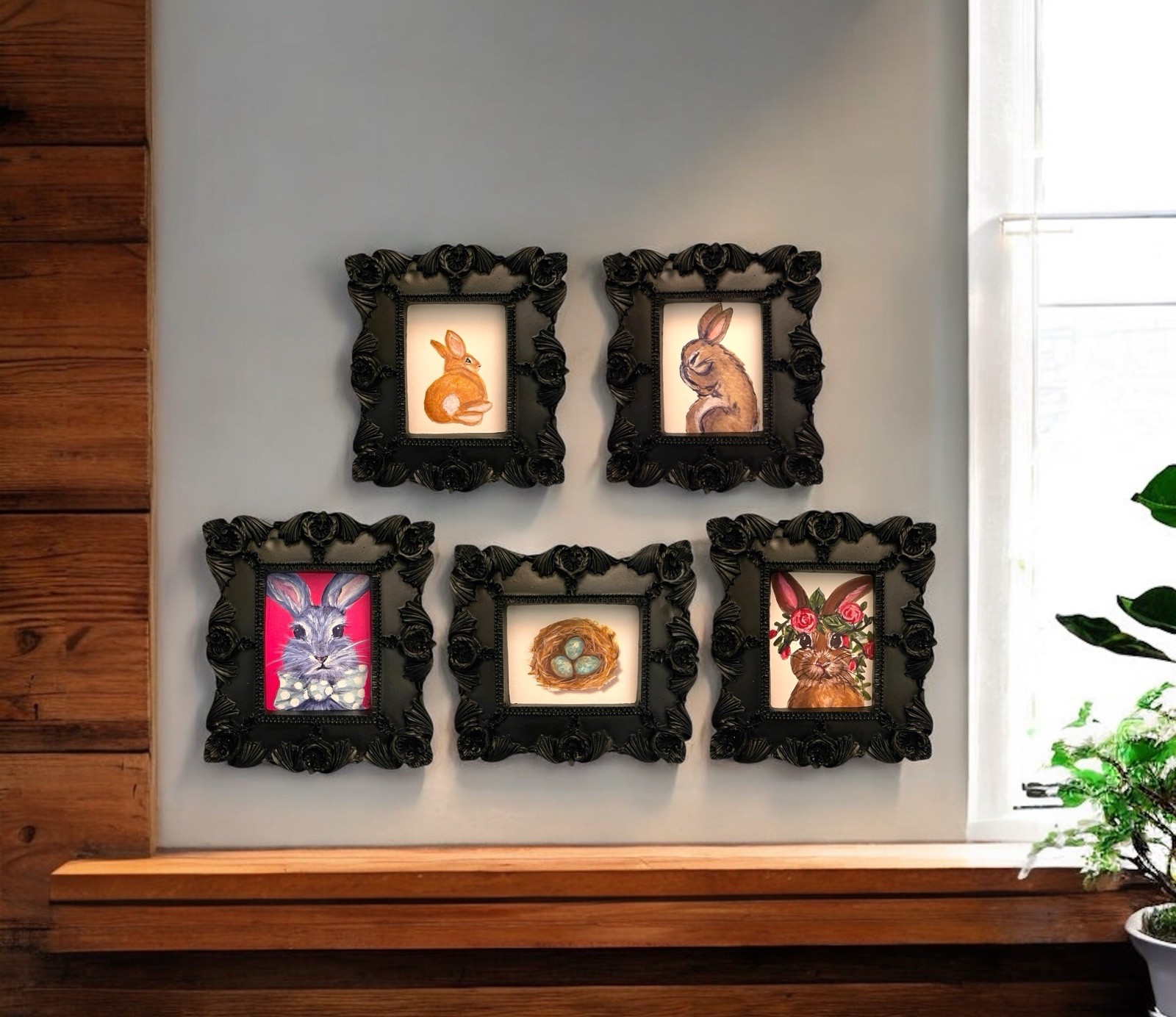 Set of 5 Bunny Rabbits & Eggs mini watercolor prints in mini black ornate frames
