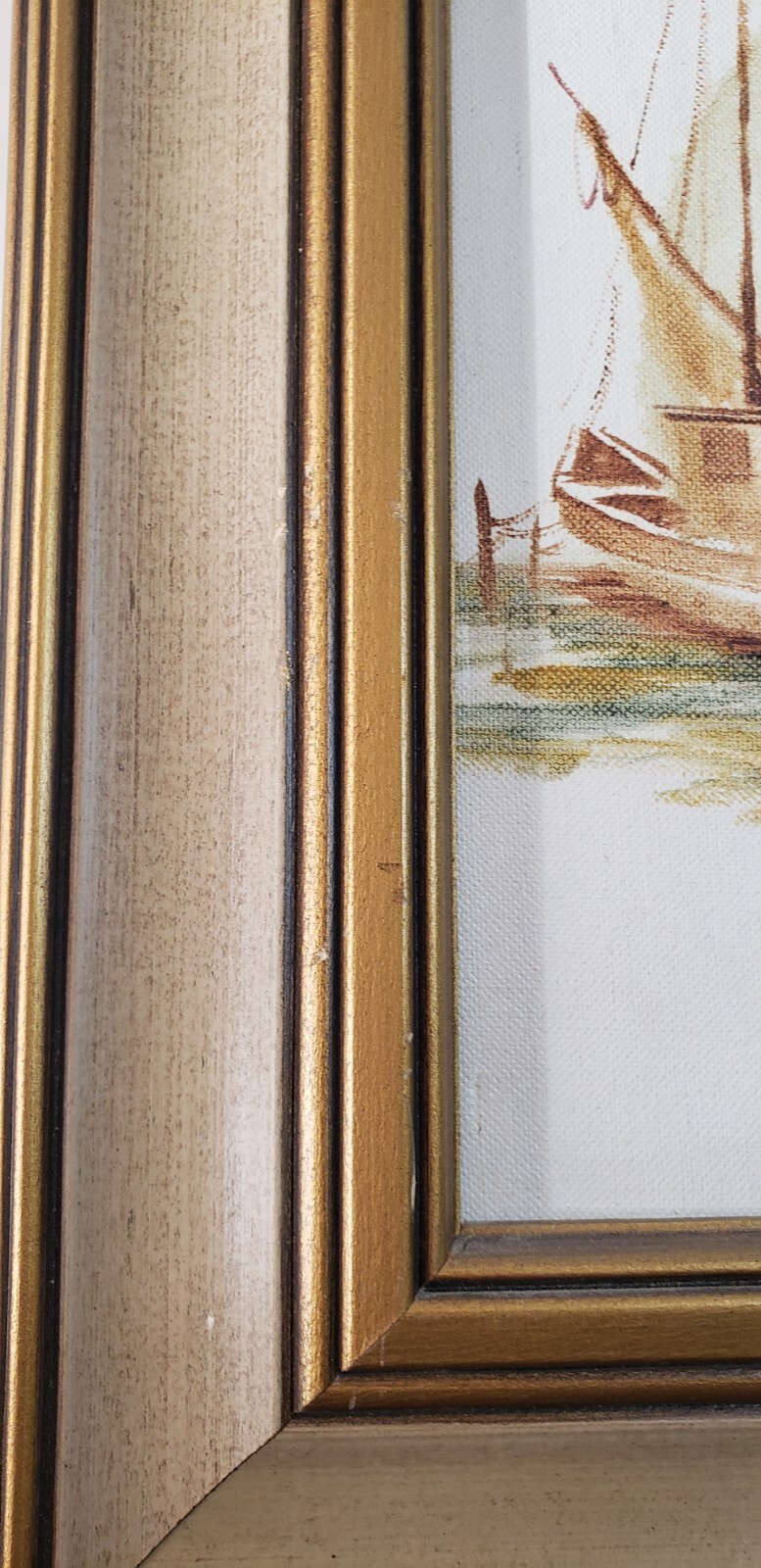 Artist T. Travis Painting Sailboat Harbor Buildings Blue Brown Yellow Green