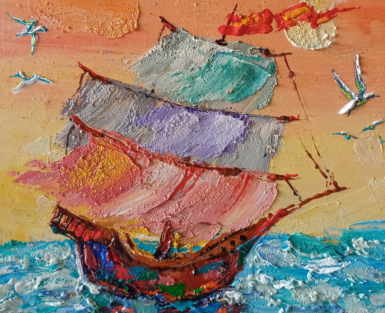 Sailboat Impasto Painting Original Art Impression Oil Painting 7.8 x 7.8 in