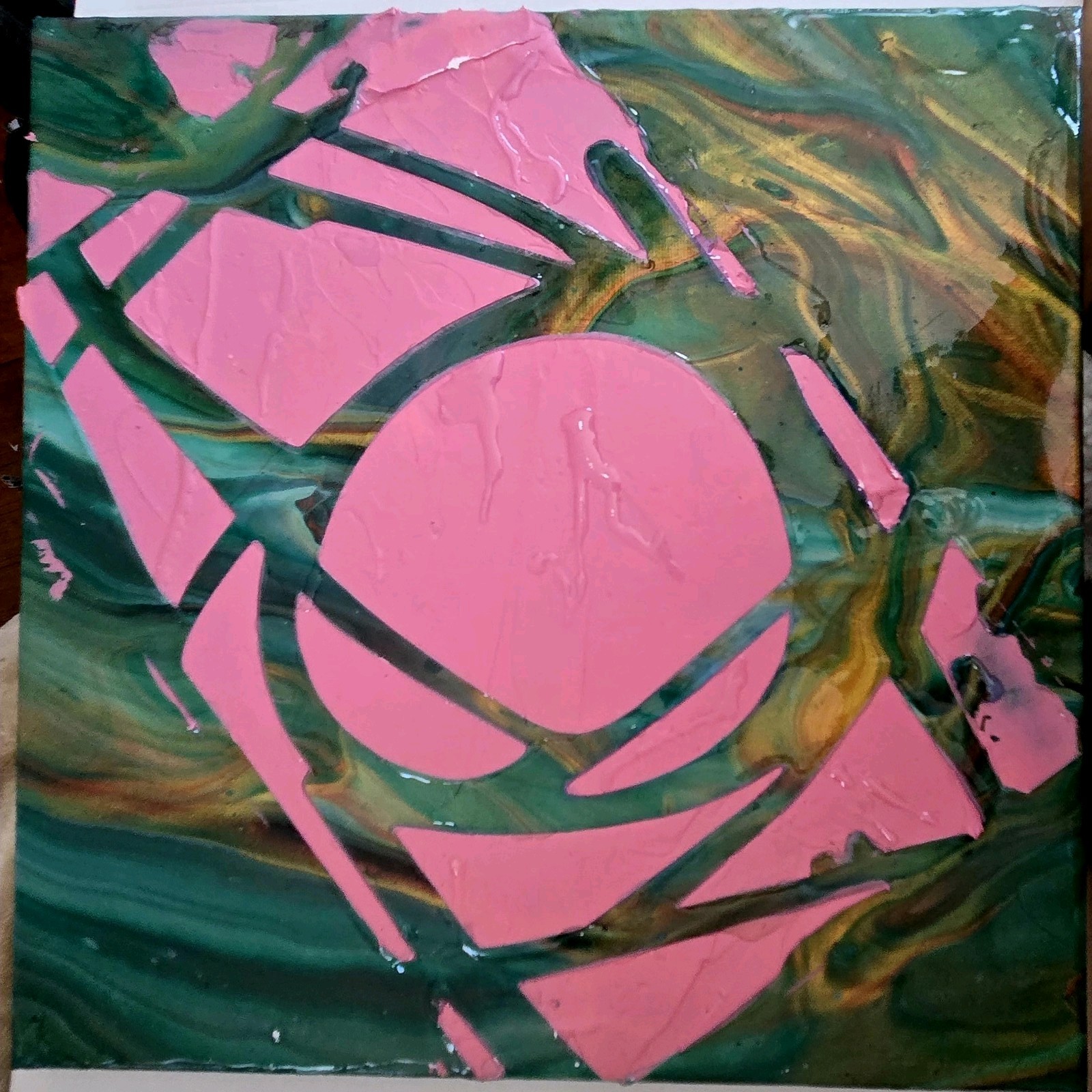 Abstract Geometric Circle Painting Pink & Green Marbled Background Unframed Art