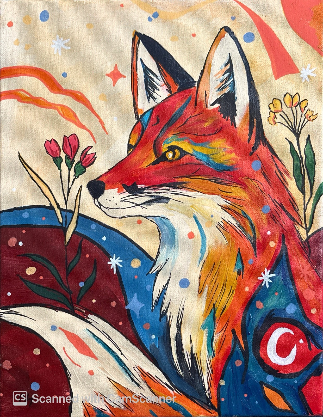 Mystical Folk Art Fox Original Acrylic Painting 14X11 Signed Canvas Art