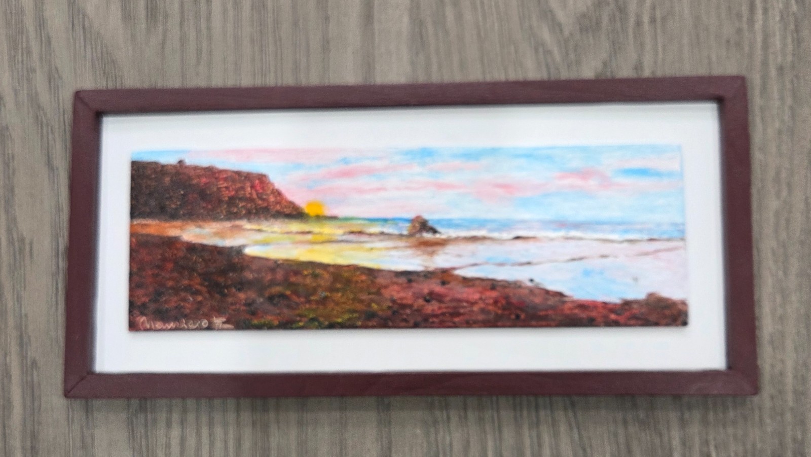 Spanish Seascape Painting w/ Bright Colors Signed Mauricio FL 5.25”x11.25” Frame