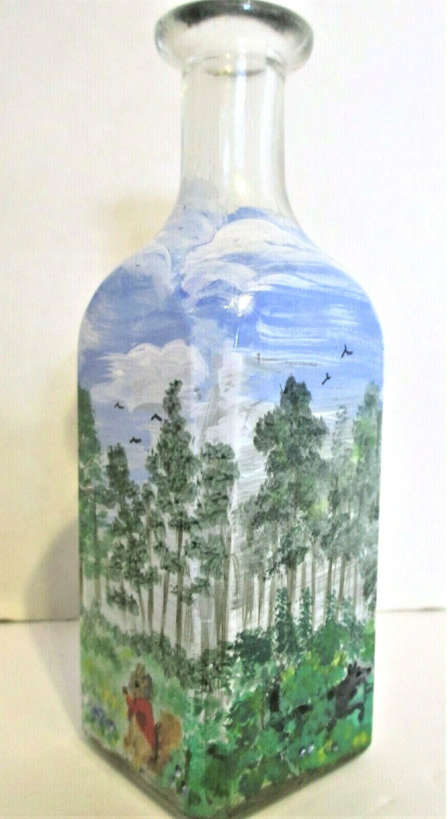 UNIQUE Handpainted Artist Signed Square 5″ GLASS BOTTLE Red Riding Hood Scenes
