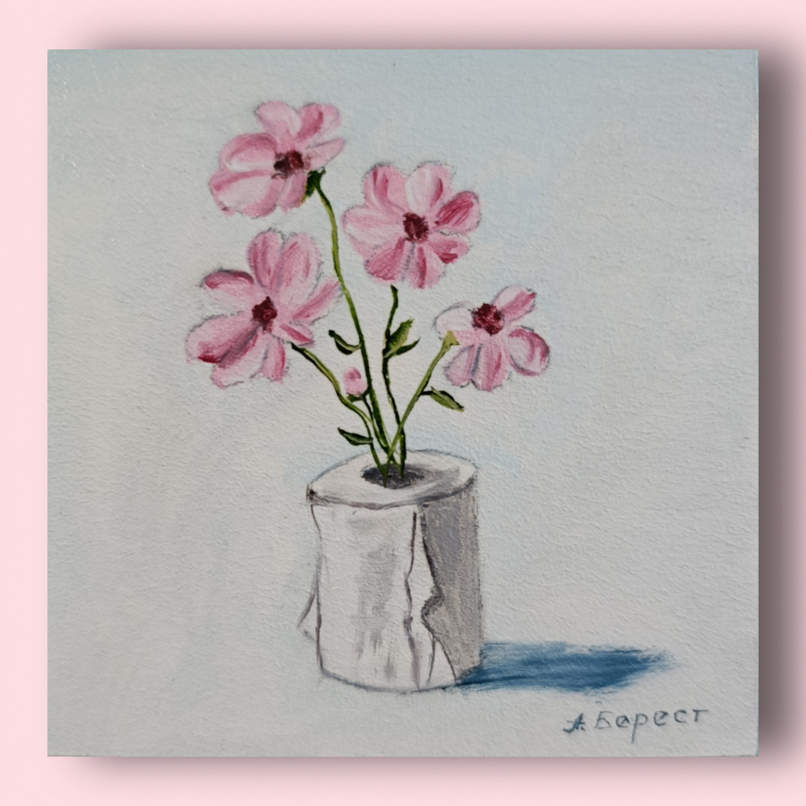 Original Oil Painting Pink Flowers Gold Frame Miniature Floral Art 4×4 Inch