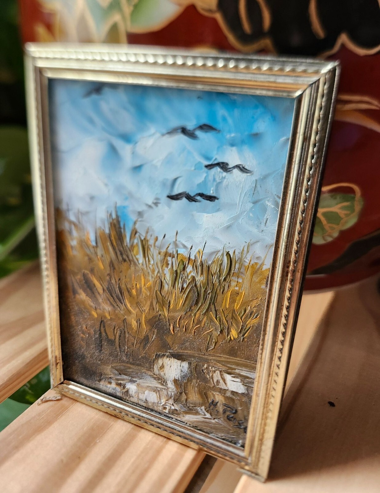 Vintage Landscape Painting on Glass, Ornate Brass Frame 5.5×4″