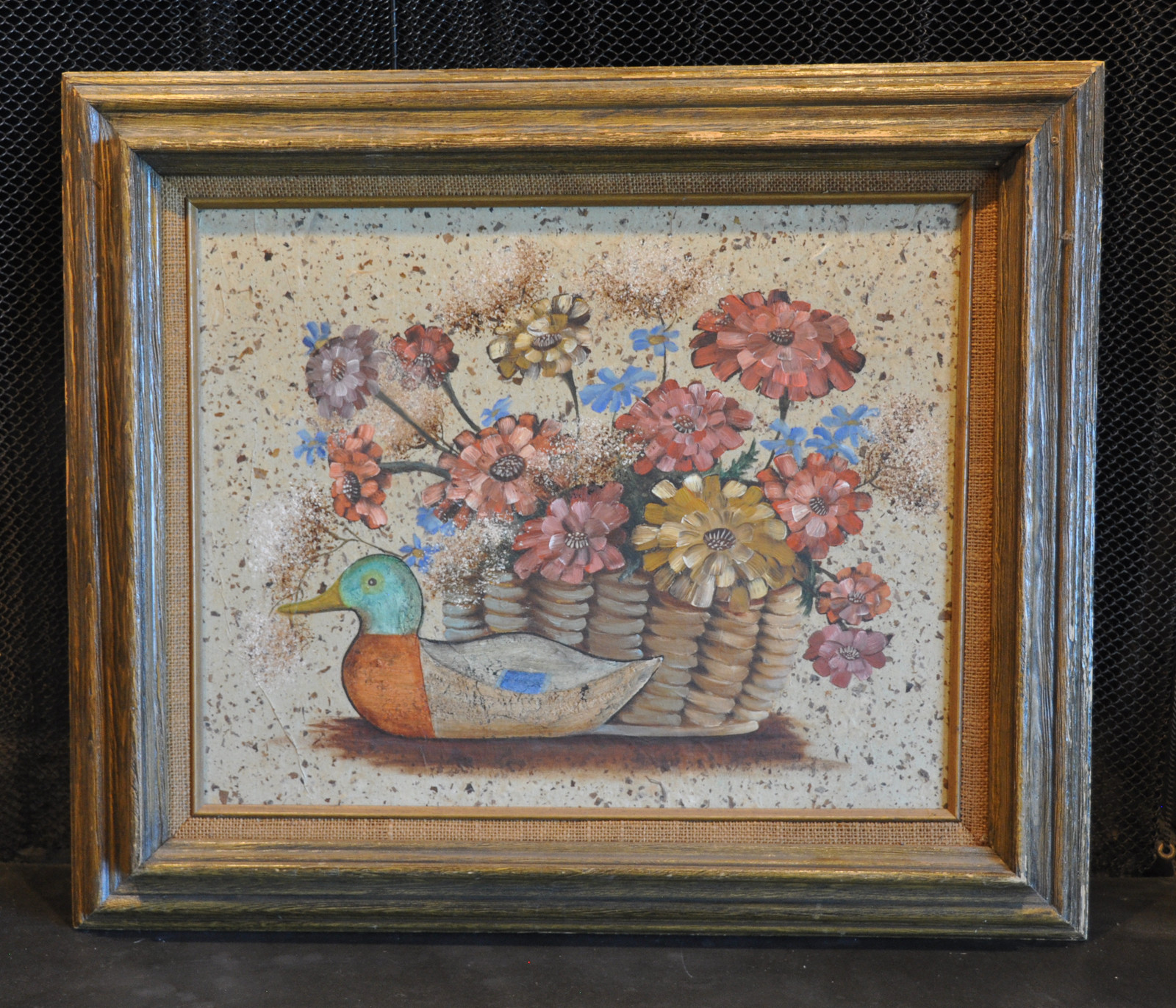 HELEN WILKINS – SWEET OIL PAINTING ON RICE PAPER BASKET OF FLOWERS DUCK DECOY