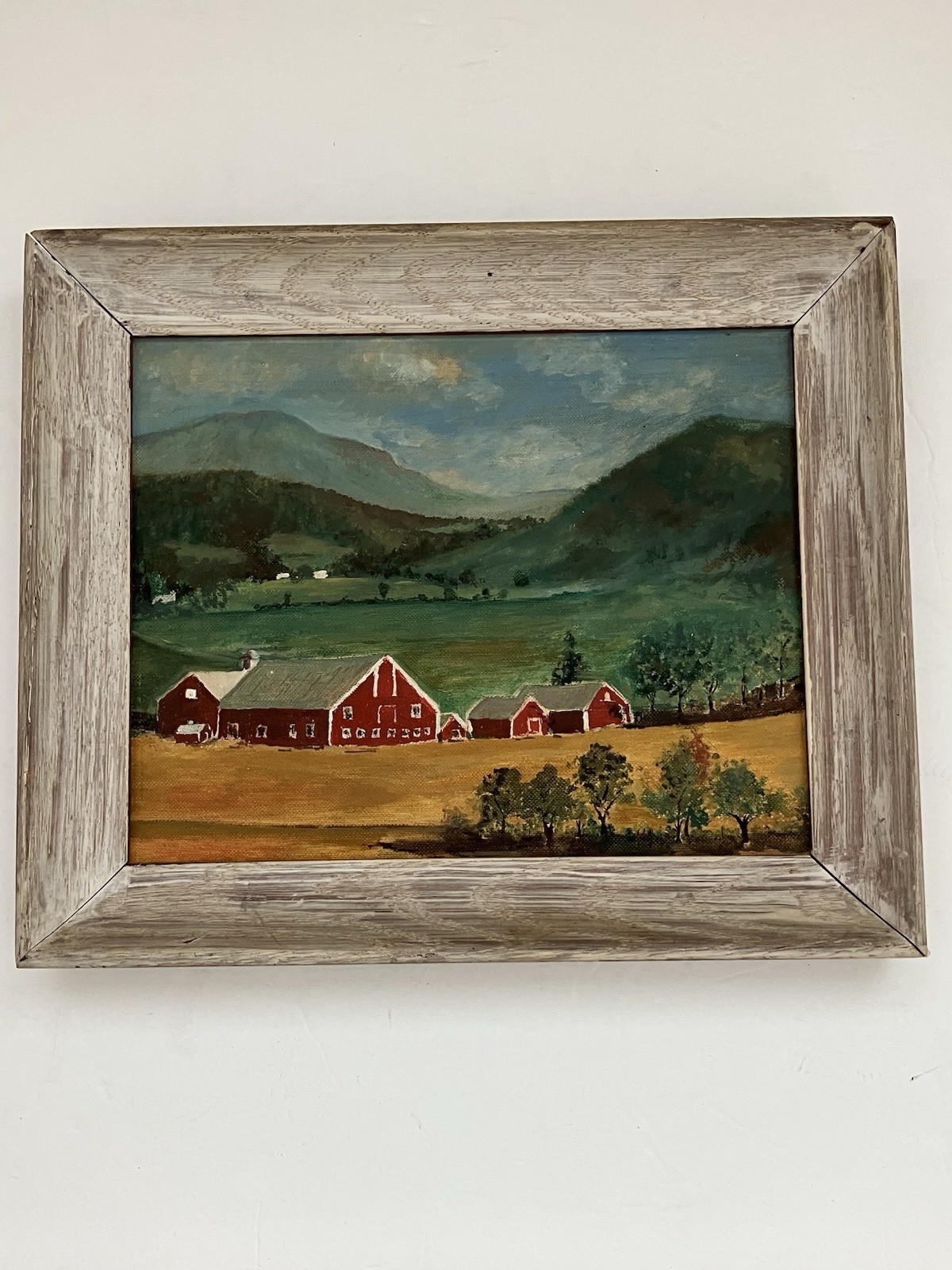 Vintage 50s Framed Primitive Folk Art Farm Barn Landscape Oil Painting 10×13
