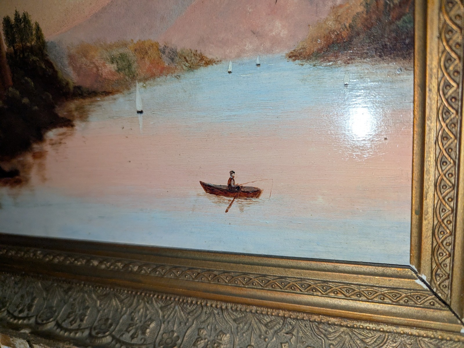 Antique Primitive HUDSON RIVER New York Riverscape Oil Painting On Academy Board