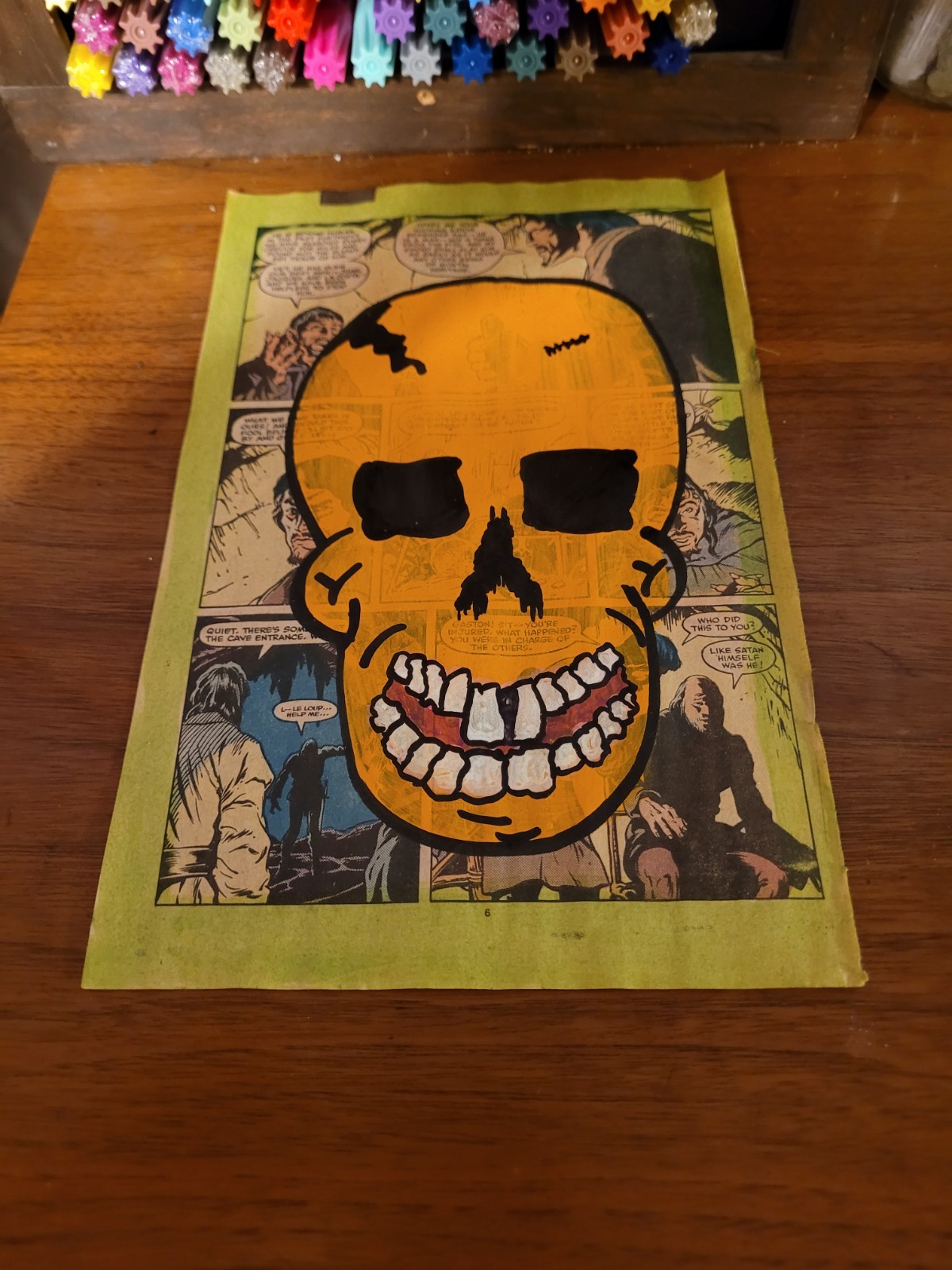 Original Painting Low Brow Neon Orange Skull Green Cracked Horror Haunted House